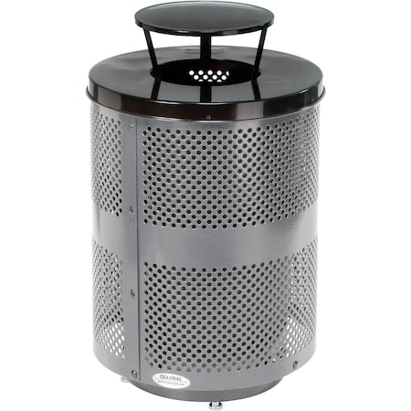 Global Industrial Outdoor Perforated Steel Trash Can W/Rain Bonnet Lid & Base, 36 Gallon, Gray 261927GYD